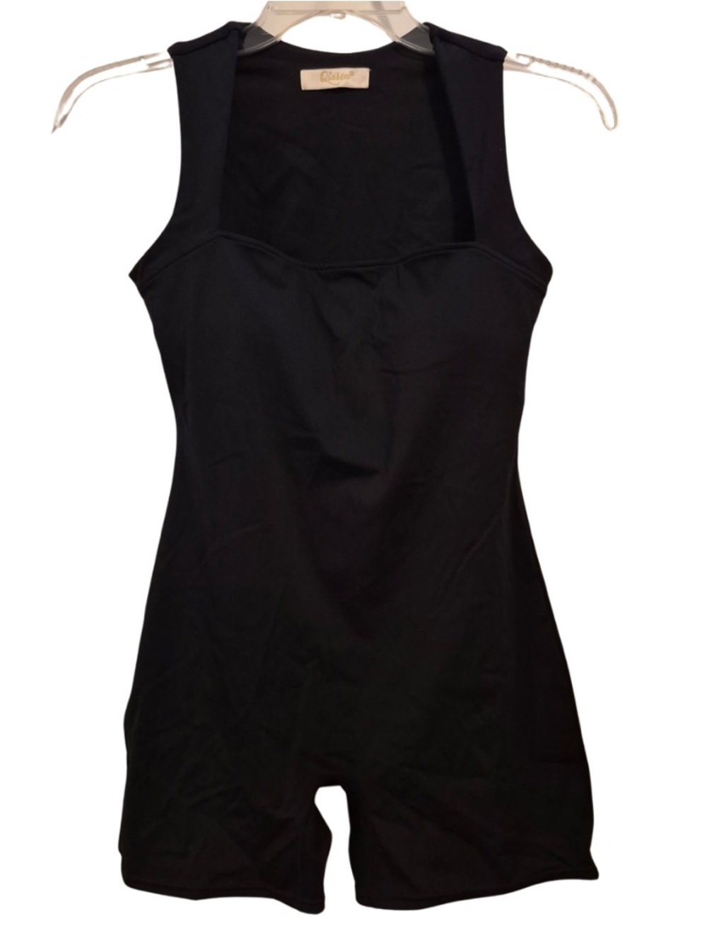 Qinsen Square Neck Tank Top Tummy Control Bodycon Stretch Shorts Jumpsuit